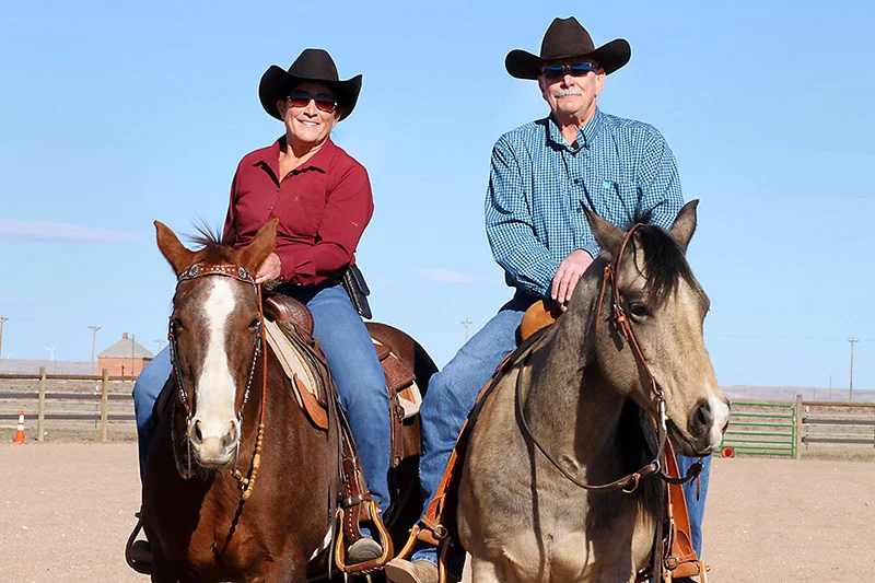 Bob Percival’s COPD took him out of the saddle. But after endobronchial valve therapy (EBV), he’s back riding Marley and enjoying ranch life with his wife of 42 years, Lynda, and her horse, Reyne. Photo by Joel Blocker for UCHealth.