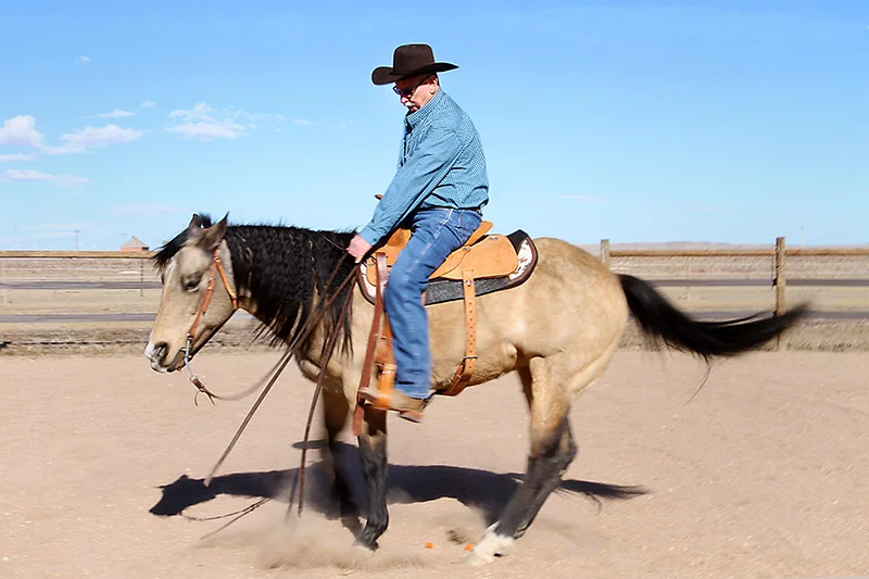 Bob Percival and his horse, Marley, show off their spin — a maneuver that takes precision and trust. COPD forced Bob to give up ranch-style competitions, but after endobronchial valve therapy (EBV) made breathing easier, he’s back in the arena practicing turnarounds with Marley. Photo by Joel Blocker, for UCHealth.