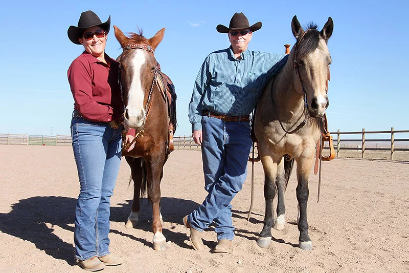 Bob Percival’s COPD took him out of the saddle. But after endobronchial valve therapy (EBV), he’s back riding Marley and enjoying ranch life with his wife of 42 years, Lynda, and her horse, Reyne. Photo by Joel Blocker for UCHealth.
