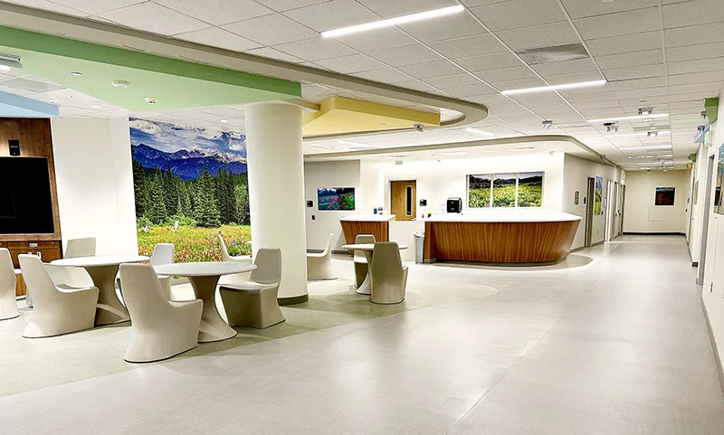 Natural light and bright nature murals create a calming, welcoming environment in the new inpatient behavioral health unit at UCHealth Poudre Valley Hospital. Photo by Kelly Tracer, UCHealth.
