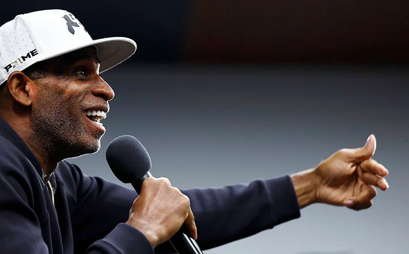 University of Colorado head football coach Deion “Coach Prime” Sanders speaks at the “Prime Perspective” event, which focused on encouraging men ages 40 and older to seek medical care when they need it. Photo by Tyler Schank. Clarkson Creative Photography, for UCHealth.
