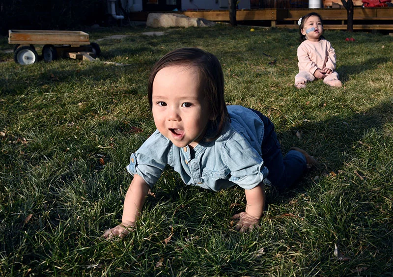 Grayson Spero Tran, just over a year old, crawls as fast as he can in his backyard, while his sister, Summer Hope Tran, watches. The twins were born at 27 weeks in October 2024, weighing only 2 pounds each. Photo by Sonya Doctorian, UCHealth.