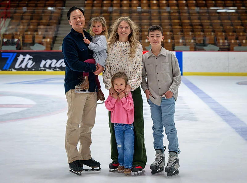 Lee and his family enjoyed a recent public skating session at the Pueblo Ice Area. Lee is holding Collins, with wife Kourtney, daughter, Calihan and their son, Cruz. Photo by Mike Sweeney, for UCHealth.