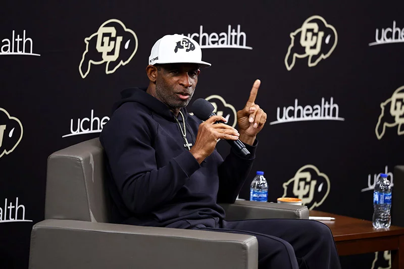 Deion “Coach Prime” Sanders speaks at the “Prime Perspective” event about his health challenges and how important it is for men to pay attention to their health. Photo by Taylor Schank, Clarkson Creative Photography, for UCHealth.