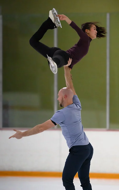 Ellie Kam and Danny O'Shea practiced one of their lifts during a session at the Broadmoor World Arena days before they headed to Milan to compete in February, 2026. Photo by Mark Reis, for UCHealth.