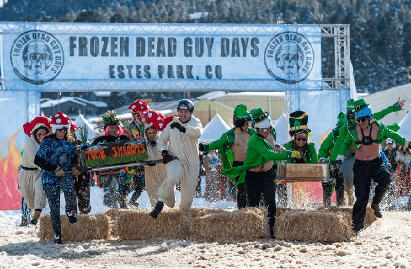 Racers sprint through the course during the coffin races, a signature event at Frozen Dead Guy Days in Estes Park held every March. Photo courtesy of Visit Estes Park.