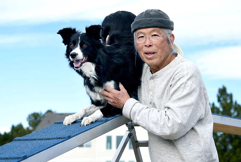 Alan Tay and his agility dog, Olay, at his home training course in his Windsor backyard. "This is my happy place," Alan said. Photo by Sonya Doctorian, UCHealth.