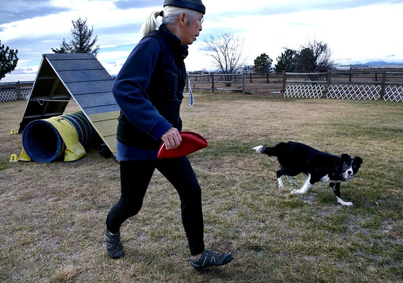 Olay looks to Alan to cue her for her next obstacle after taking the A-frame. Photo by Sonya Doctorian, UCHealth.