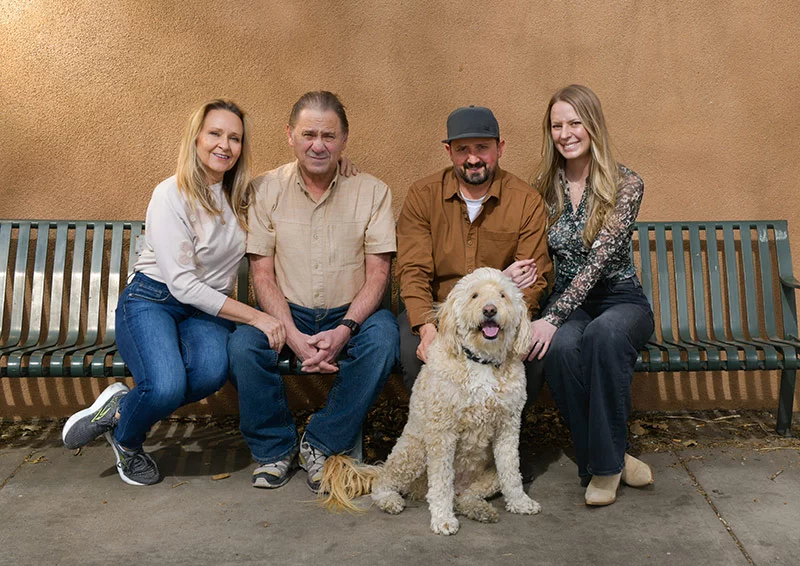 From left, Renee, Ed, Zach, and Caitlin Zemljak with goldendoodle Marty. Photo by Cyrus McCrimmon, for UCHealth.