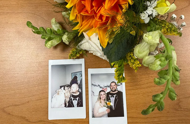 Hospital staffers helped with flowers and photos for Ben and Courtney's wedding in the burn unit. Photo courtesy of Ben and Courtney Argento.