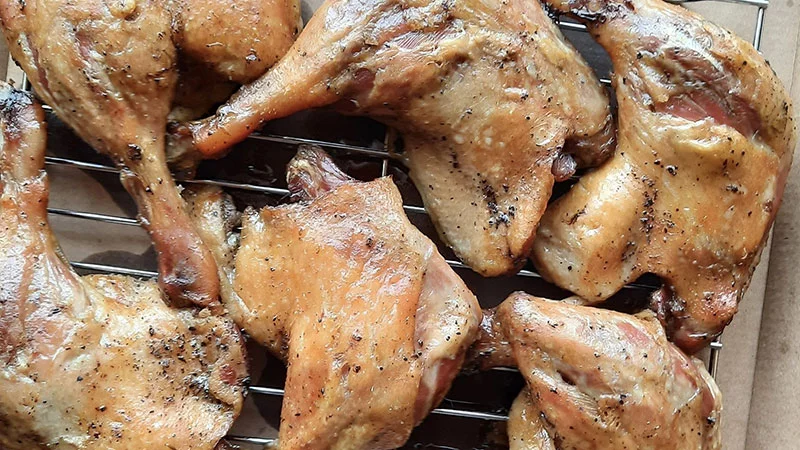 Duck legs and thighs just roasted, resting. Photo by Bill St. John, for UCHealth.