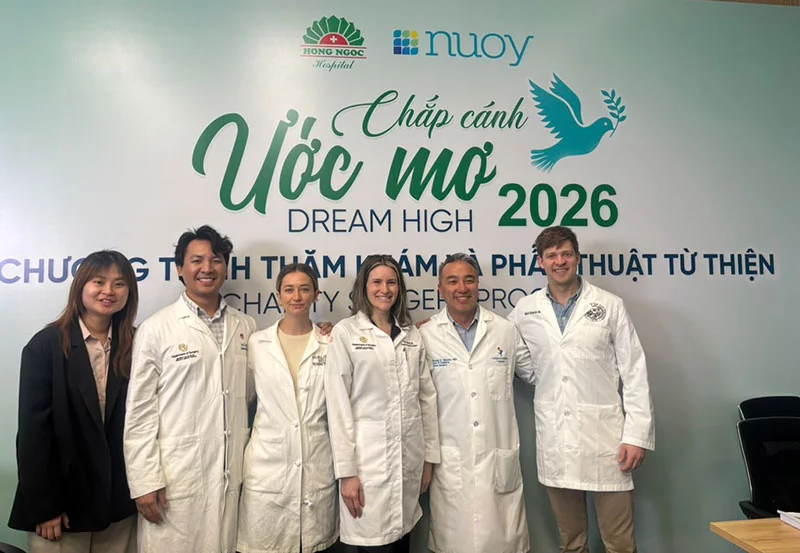 Colorado sugeons posed for a photo during their March Vietnam trip. From left, Thalia Le, plastic surgery research fellow; Dr. Ton Doan, surgical resident and global surgery fellow; senior surgical residents Dr. Taylor Allenby and Dr. Ariel Johnson; Dr. Phuong Nguyen; and Dr. Mark Greyson. Not pictured: Dr. Katie Egan. Photo courtesy of Dr. Mark Greyson.