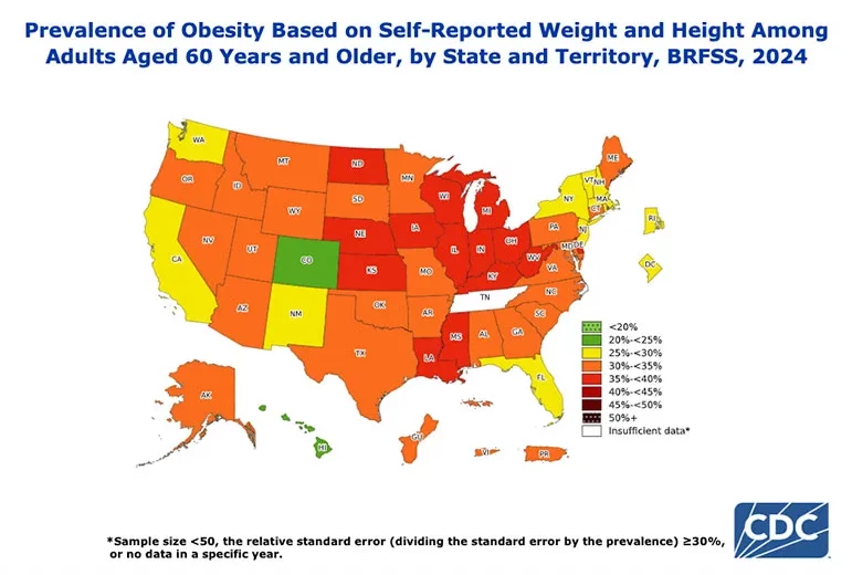 map from the CDC showing prevalence of obesity based on self-reported weight and height among adults aged 60 years and older, by state and territory, BRFSS, 2024.