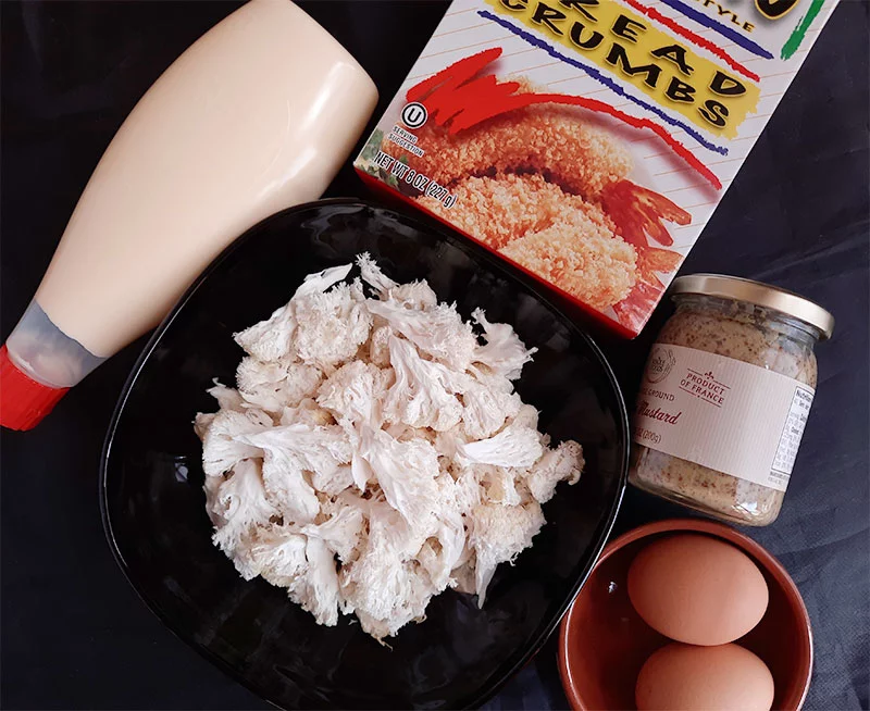 Some of the ingredients for a recipe for Lion’s Mane “Crabcakes.” Note how much shredded lion’s mane mushrooms resemble shredded crab meat. Photo by Bill St. John, for UCHealth