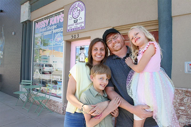 Cody and Allison, with their children, Maggie and Colson. Friends and community members have rallied around the family and have supported their Windsor candy shop after Cody suffered a scary rattlesnake bite during a May hike with his family near Horsetooth Reservoir in northern Colorado. Photo by Joel Blocker, for UCHealth.