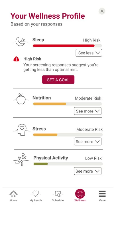 One new tool in the app is a personalized wellness profile that can help you identify and target areas of your health that you could improve on for better wellness. Photo: UCHealth.