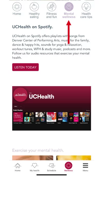 Within the wellness section of the UCHealth app, there are different resource pages that focus on different areas of health, such as fitness and fun, or mental wellness. Photo: UCHealth.