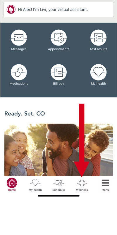 To get to the wellness tools within the UCHealth, find the sun wellness icon at the bottom of the app's home screen. Photo: UCHealth.