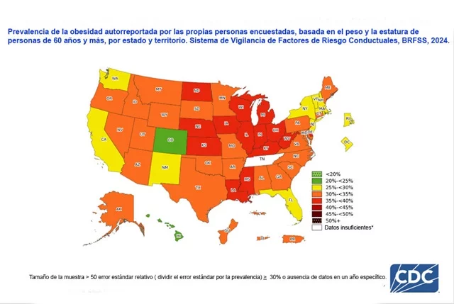 Mapa de prevalencia de obesidad y sobrepeso desarrollado por los CDC.