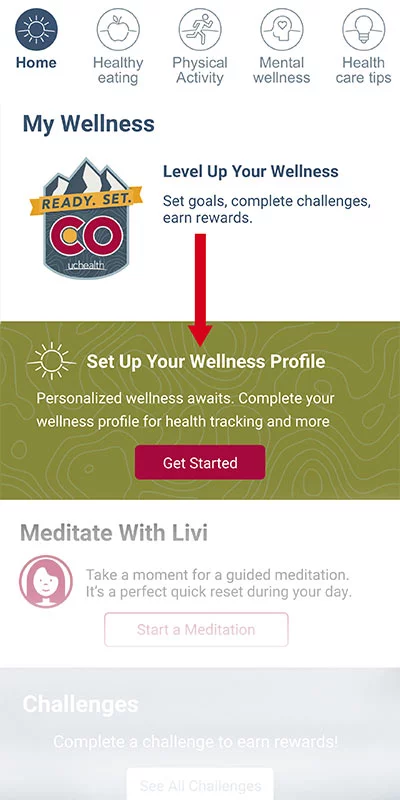 Within the wellness section of the UCHealth app, you can set up your personalized wellness profile. Photo: UCHealth.