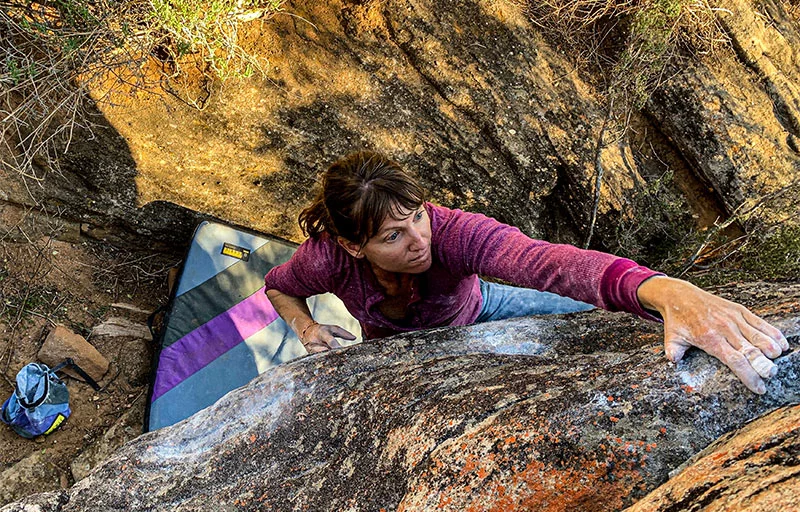 Melissa climbing in Rocklands, South Africa, after she suffered an electrical accident that left her without parts of her fingers. Photo by Adam Strong, courtesy of Melissa Strong.