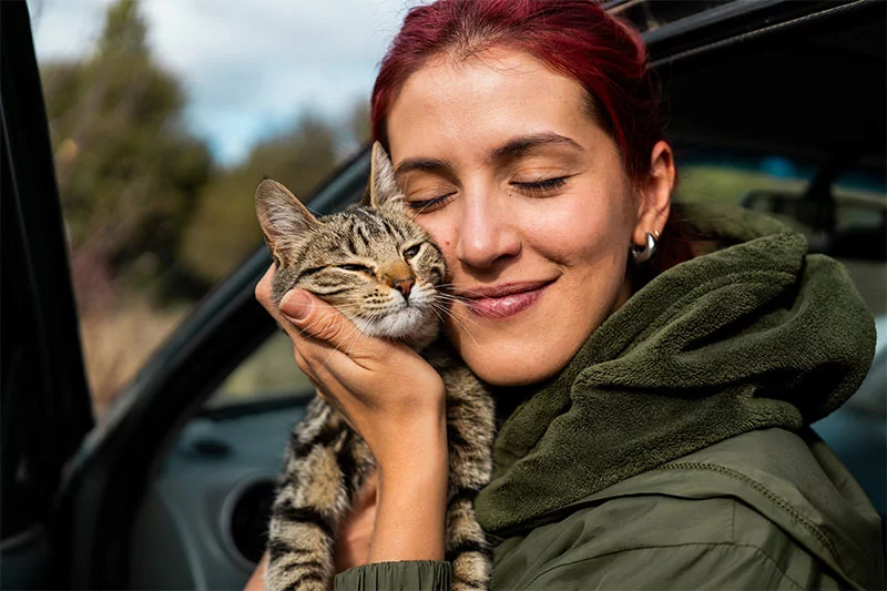Woman cuddling with her cat by her car. While cats have been known to transmit diseases such as the bubonic plague to humans, bird flu is drawing attention because it remains a less familiar threat than diseases that have been studied for centuries. Photo: Getty Images.