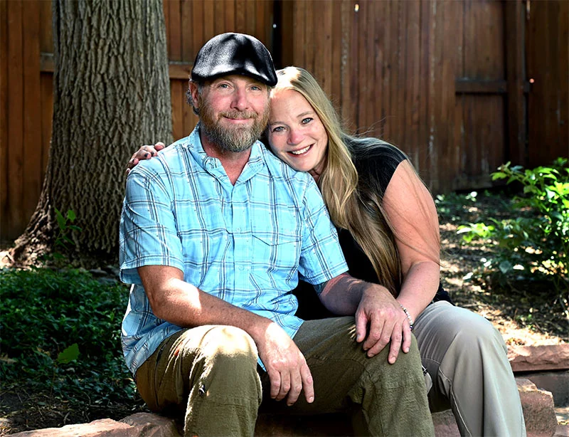 Matt and Heather Hogue in the back yard of their Arvada home. Heather is a registered nurse for UCHealth’s DocLine, which oversees inter-facility transfers. Photo by Sonya Doctorian, UCHealth.