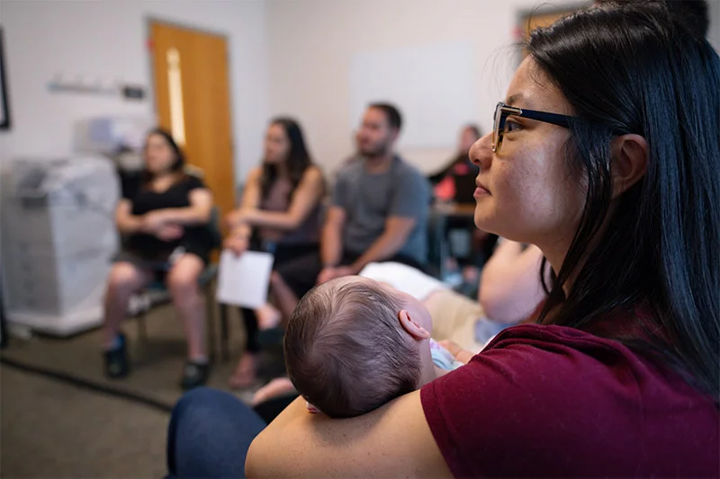 UCHealth prenatal group class, metro Denver, 2026. New parents love learning from one another and from experts during group prenatal visits, where they get checkups with their provider, Dr. Vivian Jiang, along with special presentations each month on topics like breastfeeding, pain relief options during birth and tips for optimizing pelvic floor muscles. Photo by Mark Reis, for UCHealth.Photo by Mark Reis, for UCHealth.