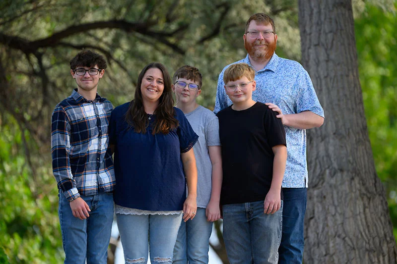 John Mazanec whole-blood treatment. John Mazanec's was in a terrible motorcycle accident nearly a year ago, and the family has made adjustments big and small while John has had numerous surgeries and physical therapy sessions. From left, James Raebel, Alicia Raebel, William Mazanec, Oliver Mazanec and John Mazanec. Photo by Mark Reis, for UCHealth.