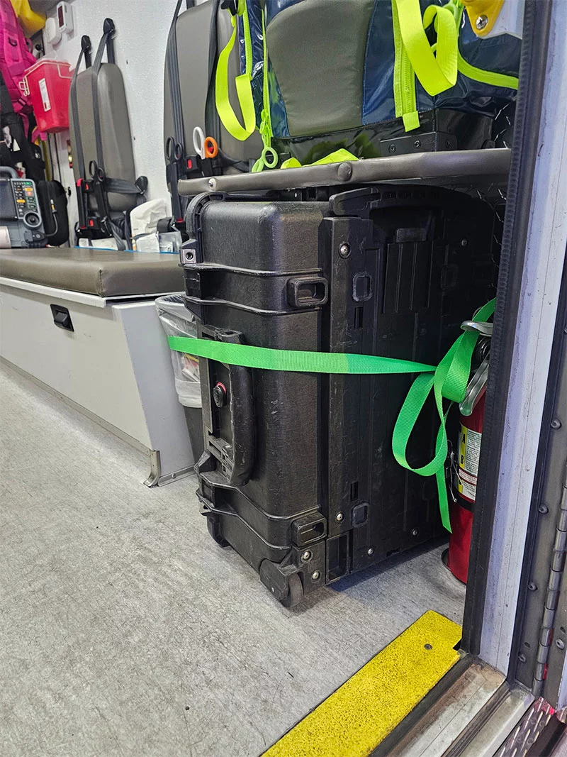 Paramedics store pre-hospital whole blood equipment in a large hard-side cooler in their ambulances. Photo courtesy of AMR Pueblo.
