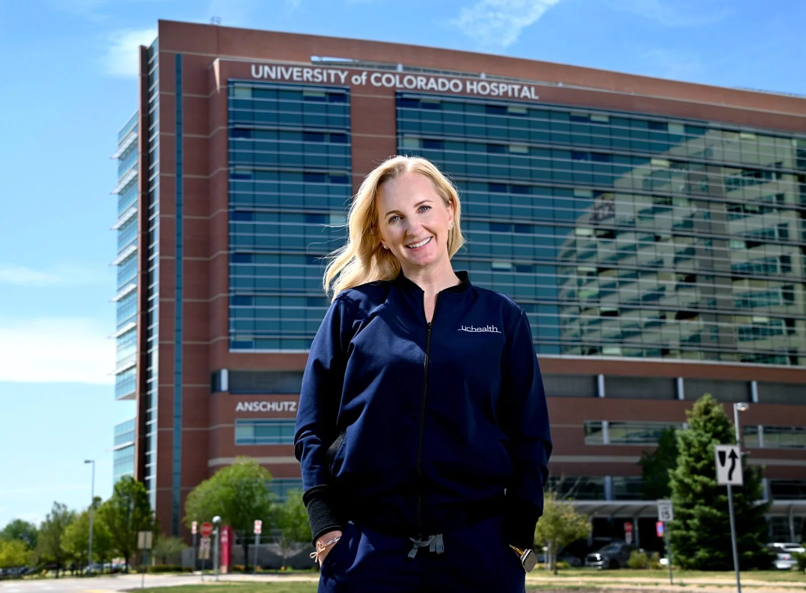 Renee Schoenbeck stands outside UCHealth Universitty of Colorado Hospital