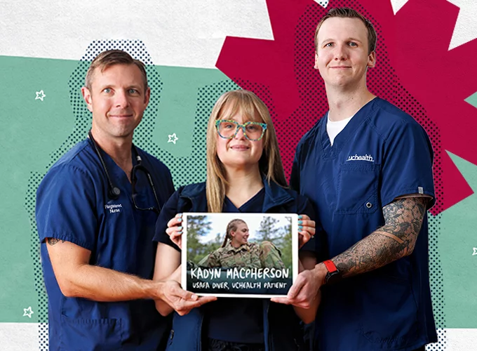 Three UCHealth nurses hold a photo of the patient they cared for in the ICU