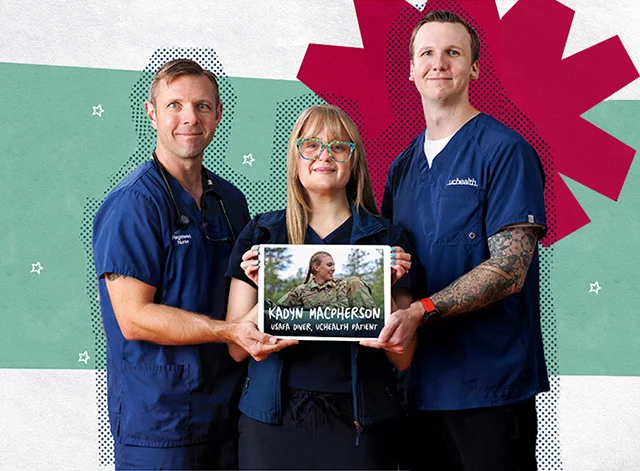 Three UCHealth nurses hold a photo of the patient they cared for in the ICU. UCHealth nurses Zachary Johnson, Brianna Volk and Austin Pinkerton hold an image of Kadyn MacPherson from Webguy, U.S. Air Force Academy Association and Foundation. Photo illustration by UCHealth.UCHealth nurses Zachary Johnson, Brianna Volk and Austin Pinkerton hold an image of Kadyn MacPherson from Webguy, U.S. Air Force Academy Association and Foundation. Photo illustration by UCHealth.