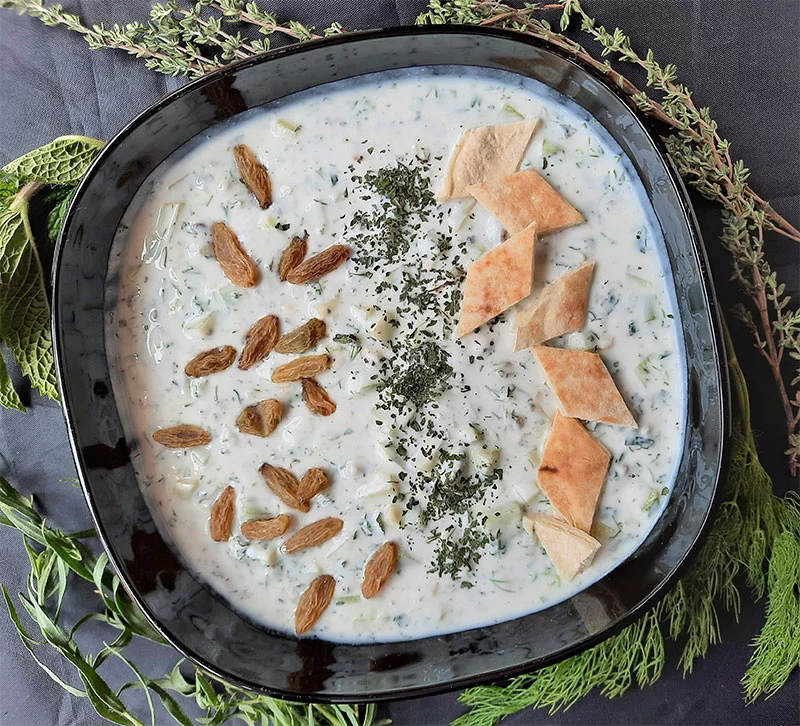 Served cool or at room temperature, this yogurt and cucumber soup showcases a Middle Eastern tradition of pairing dried fruit with savory dishes. Photo by Bill St. John, for UCHealth.