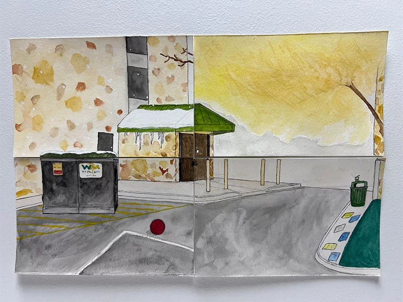 Brian Ma painted the scene outside the building where he and his classmates met for class. They would gather there during class breaks. He said painting helped relieve stress during the year. Photo by Joanna Bean, UCHealth.