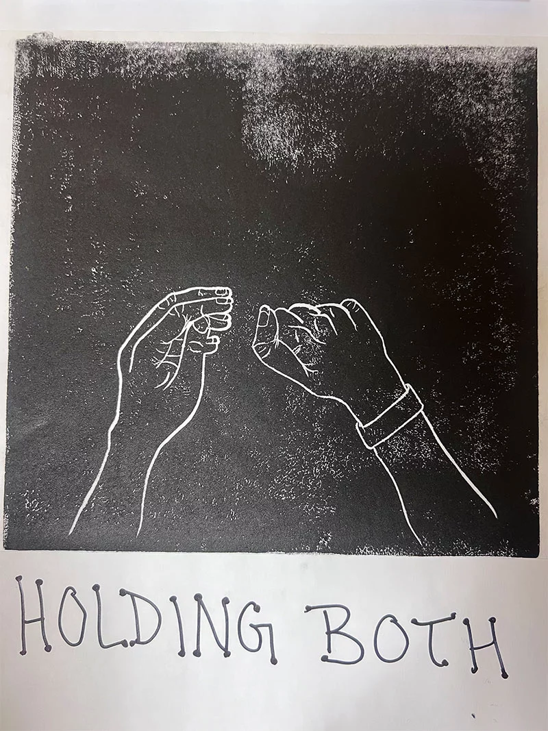 Madi Clements created this linocut after working with a patient and their family members during her second year of medical school. The patient and family members were grappling with the seeming contradictions of implementing a "do not resuscitate" order while continuing treatment for a terminal illness. Photo by Joanna Bean, UCHealth.