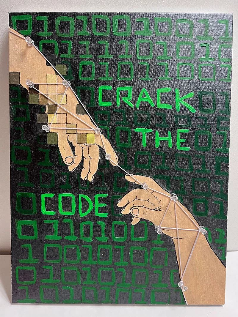 Jessica Woon's mixed media piece depicts the importance of the human touch even as artificial intelligence becomes a part of healthcare. Photo by Joanna Bean, UCHealth.