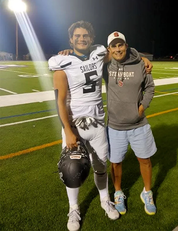 Eric and Abbott Gautreaux celebrate a win the Steamboat Springs High School’s football team. Photo courtesy of Eric Gautreaux.