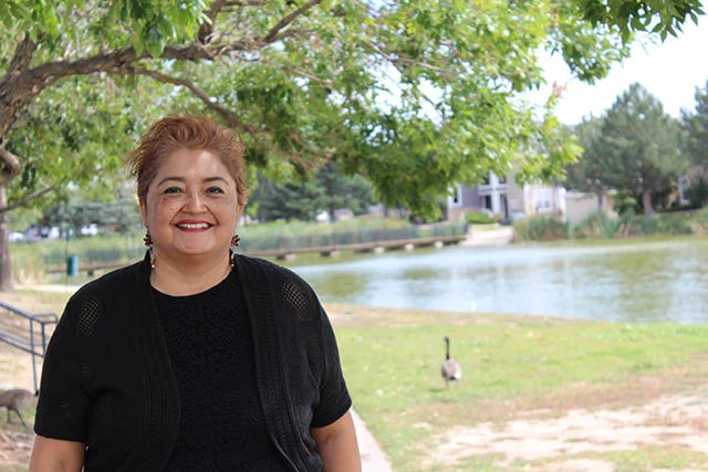 Aazenet Marquez enjoys walking along a lake near her Denver apartment. Staying active is one of the strategies Aazenet uses to stay positive as she navigates cancer treatments. Photo: Ana Gretchen Robleto, UCHealth.