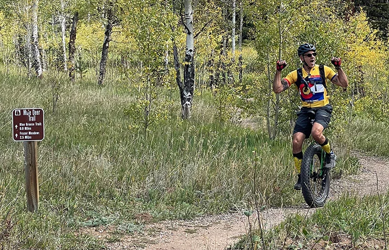 Days before Mike Kalush was scheduled for a CAR T-cell therapy infusion to treat his diffuse large B cell lymphoma, he hit the trail to enjoy a beautiful fall day on his mountain unicycle. Photo by Todd Neff, for UCHealth.