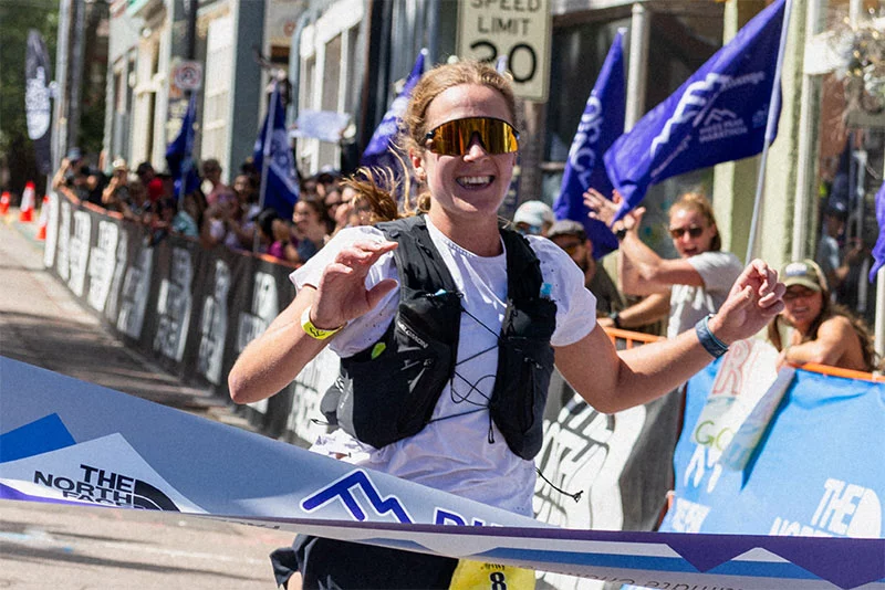 Chrissy Lofgren crossed the Pikes Peak Marathon finish line in Manitou Springs in first place, after a summer training on trails and in races across the West. Photo courtesy of Stephen Martin/explorewithmedia.
