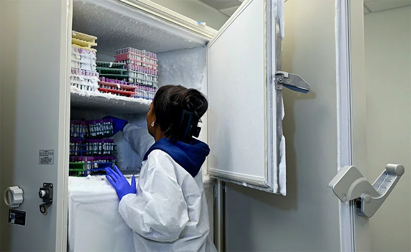 Esther Danquah, a lab assistant at the Colorado Center for Personalized Medicine, places blood samples in one of its huge freezers. In the center’s biobank, researchers look for clues in human genes to advance medicine for cancer, heart disease and other conditions. Photo by Sonya Doctorian, UCHealth.