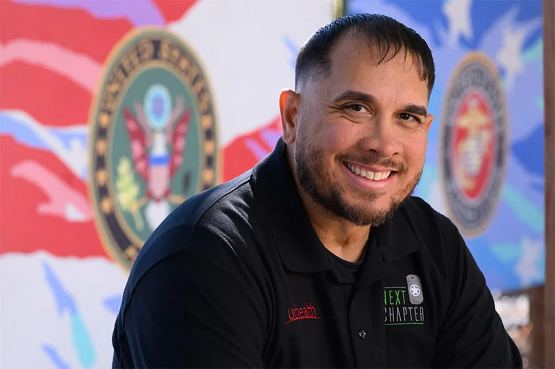 Miguel Lopez enlisted in the Army in 2003 and deployed to Iraq three times, earning a Purple Heart after surviving an IED attack in the Sadr City area in Baghdad, Iraq, in 2008. Photo by Mark Reis, for UCHealth.